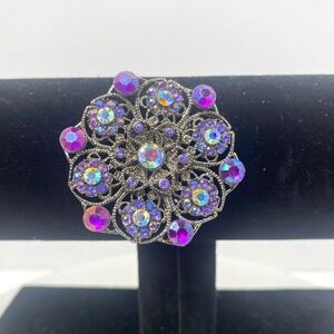 Vintage Purple AB Rhinestone Filigree Brooch Pin Silver Tone Floral Round